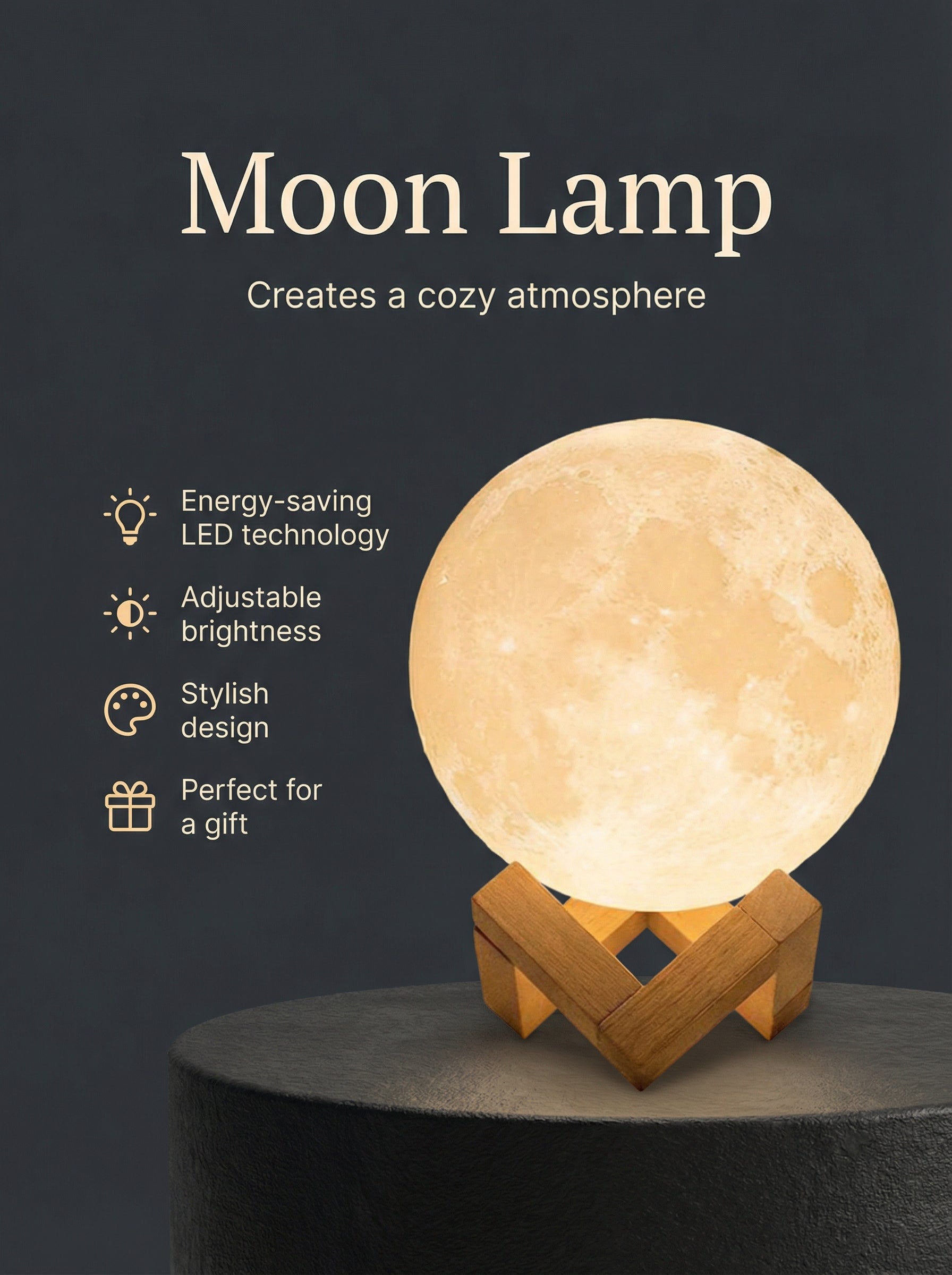 Moon Lamp - LED Night Light with Stand